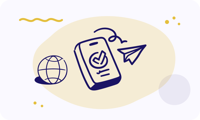 Illustration: a phone with a check mark and a paper plane next to a globe