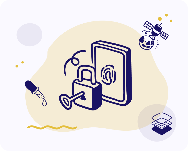 Illustration: a padlock and fingerprint-secured device, with a lab pipette, satellite and stacked layers